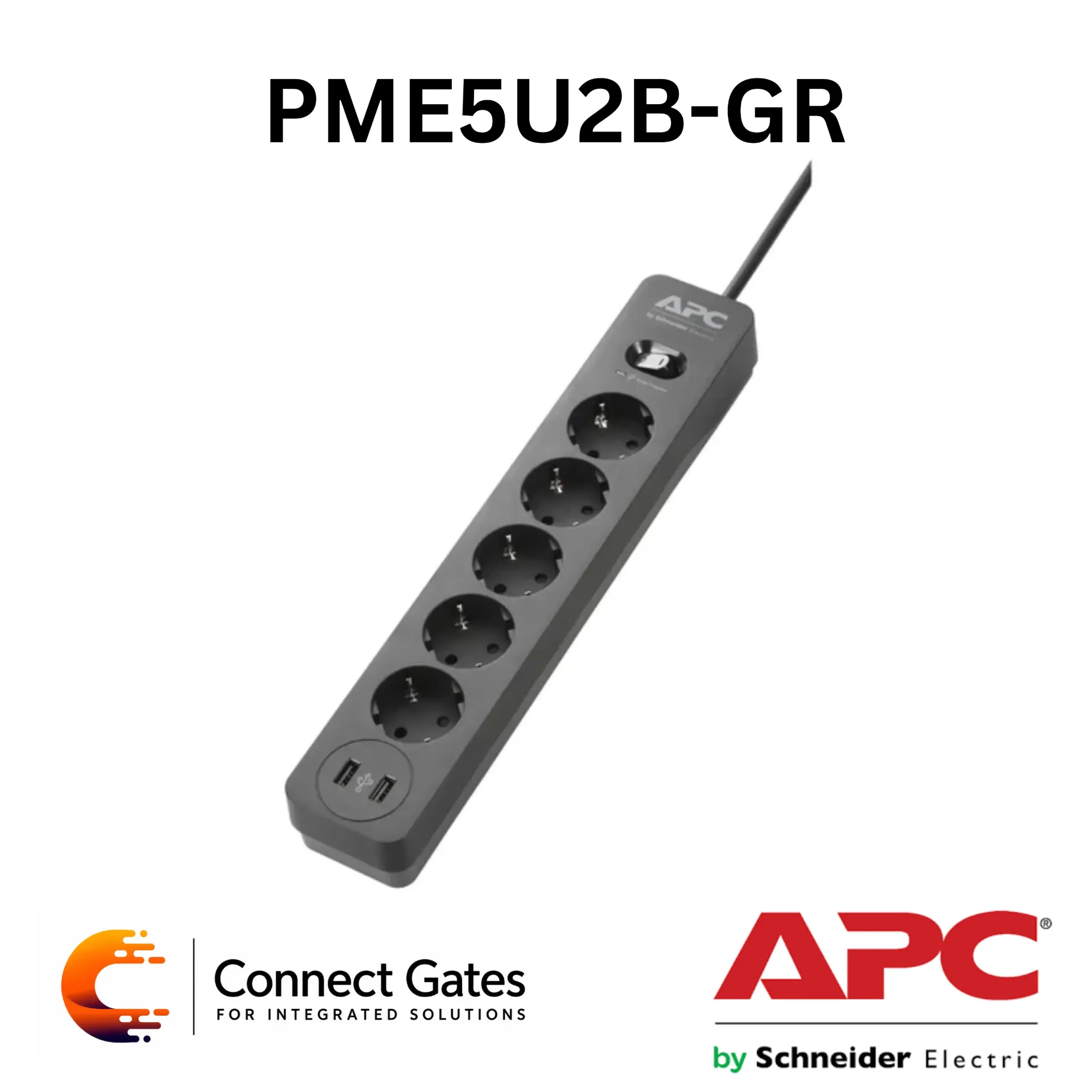 [PME5U2B-GR] APC PME5U2B-GR – Essential SurgeArrest 5-Outlet 230V Surge Protector with 2 USB Ports
