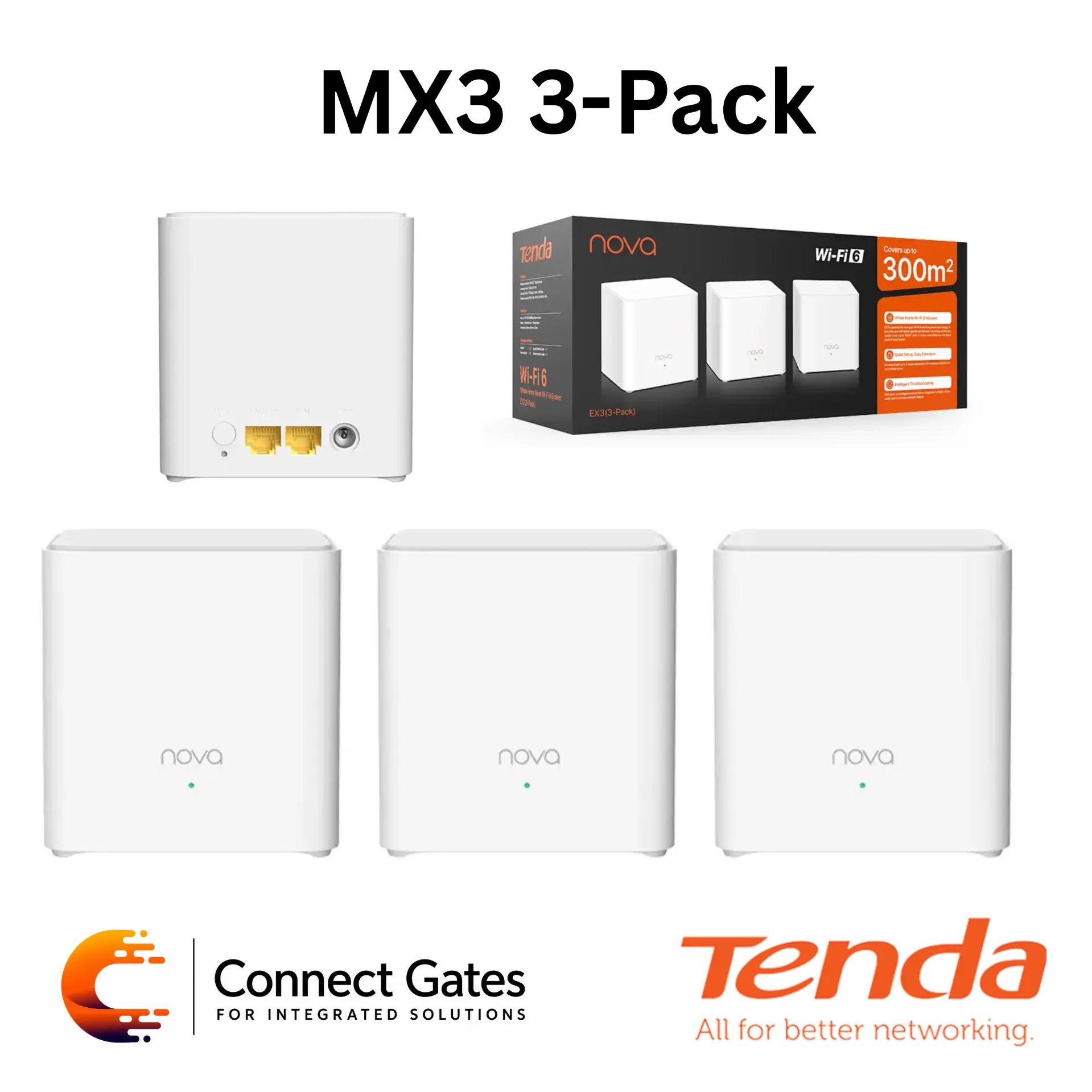 [MX3 3-Pack] Tenda MX3 3-Pack – AX1500 Whole Home Wi-Fi 6 Mesh System with EasyMesh, 300m² Coverage, Dual-Band Wi-Fi & Gigabit Ports