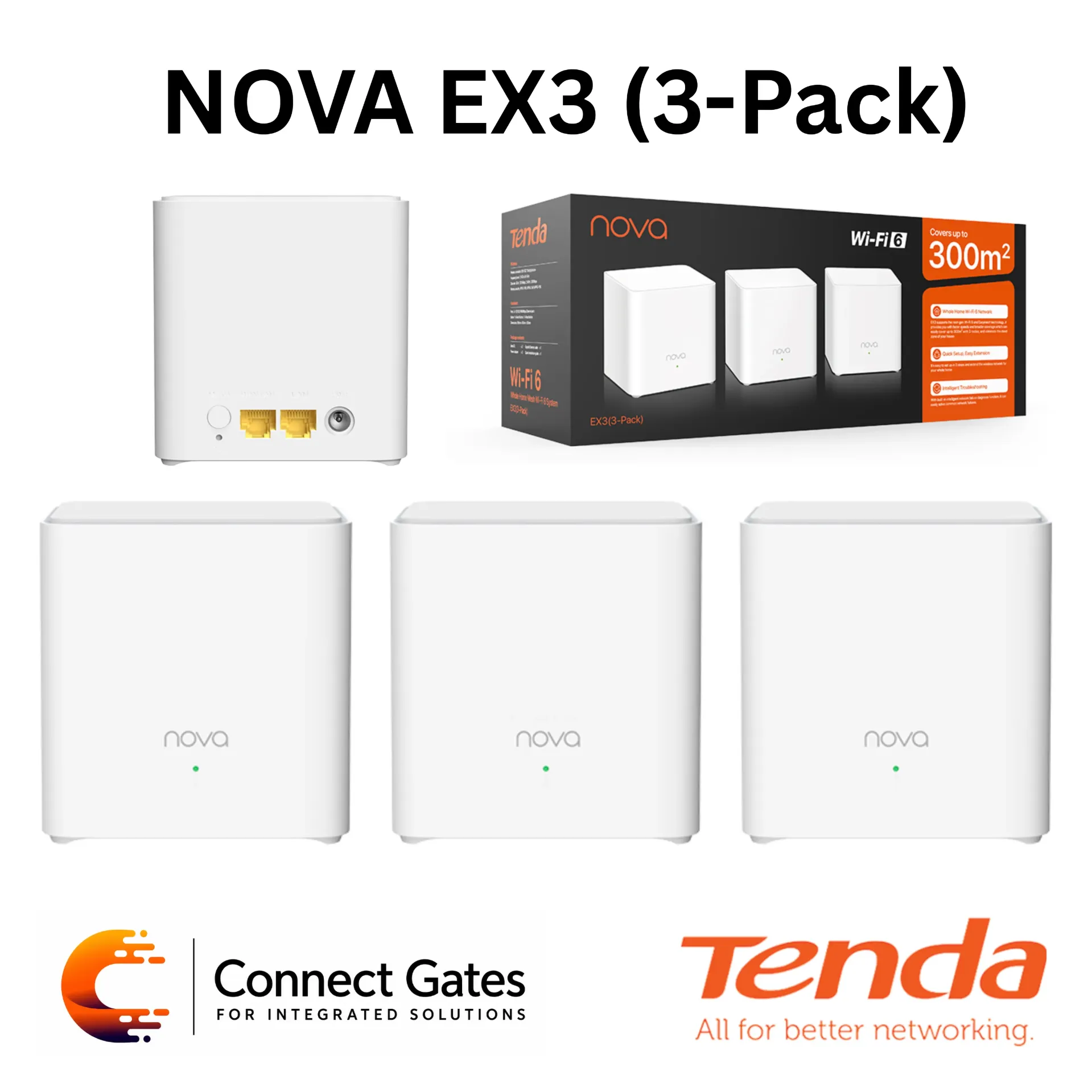 [EX3 3-Pack] Tenda EX3 3-Pack – AX1500 Whole Home Mesh Wi-Fi 6 System with EasyMesh, 300m² Coverage, Gigabit Ports & WPA3
