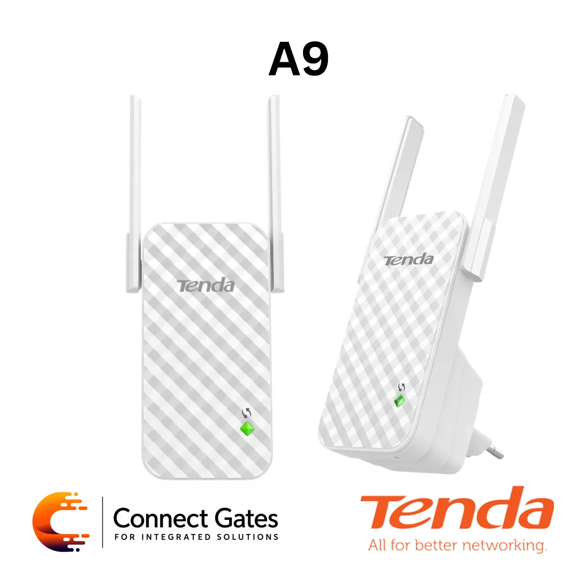 Tenda A9 – Wireless N300 Universal Range Extender with 300Mbps Speed, 2 × 3dBi Antennas, WPS & Signal Indicator