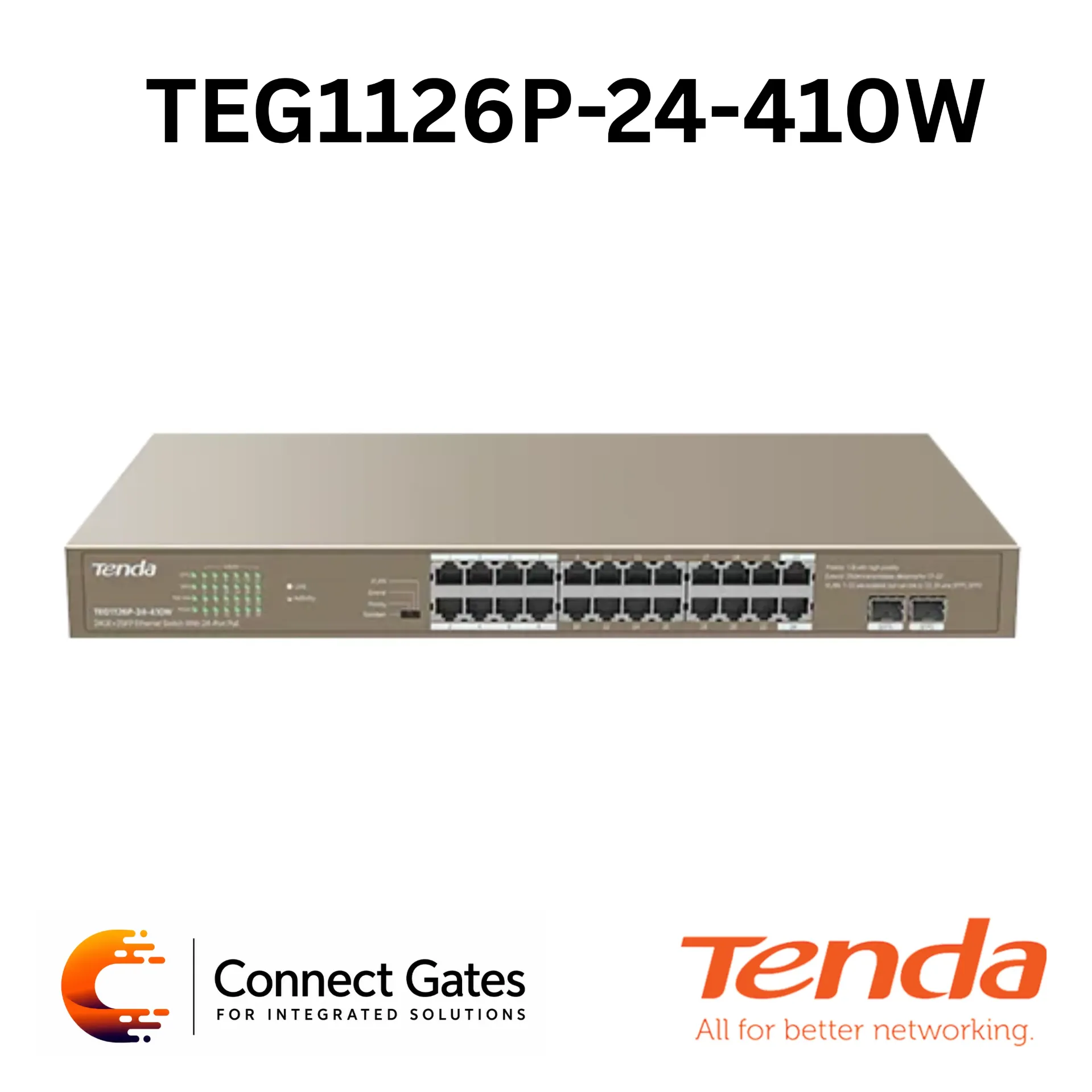 [TEG1126P] Tenda TEG1126P-24-410W – 24-Port Gigabit Unmanaged PoE Switch with 2 SFP Combo Ports, 370W PoE Budget & 4 Working Modes
