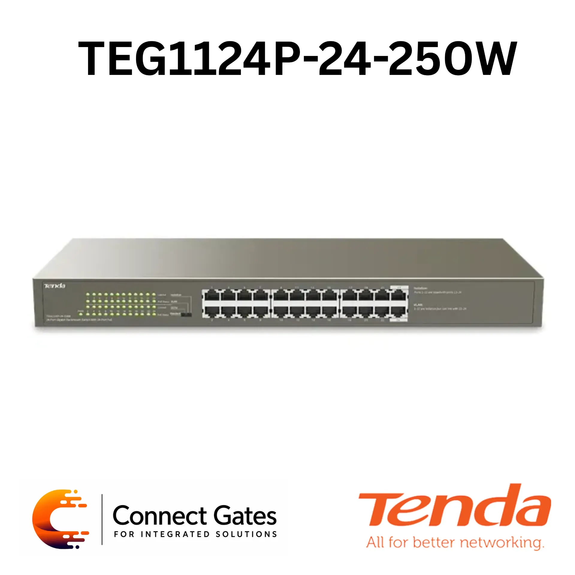 Tenda TEG1124P-24-250W v1.0 – 24-Port Gigabit Rackmount PoE Switch with 225W PoE Budget, 48Gbps Switching Capacity & VLAN Modes