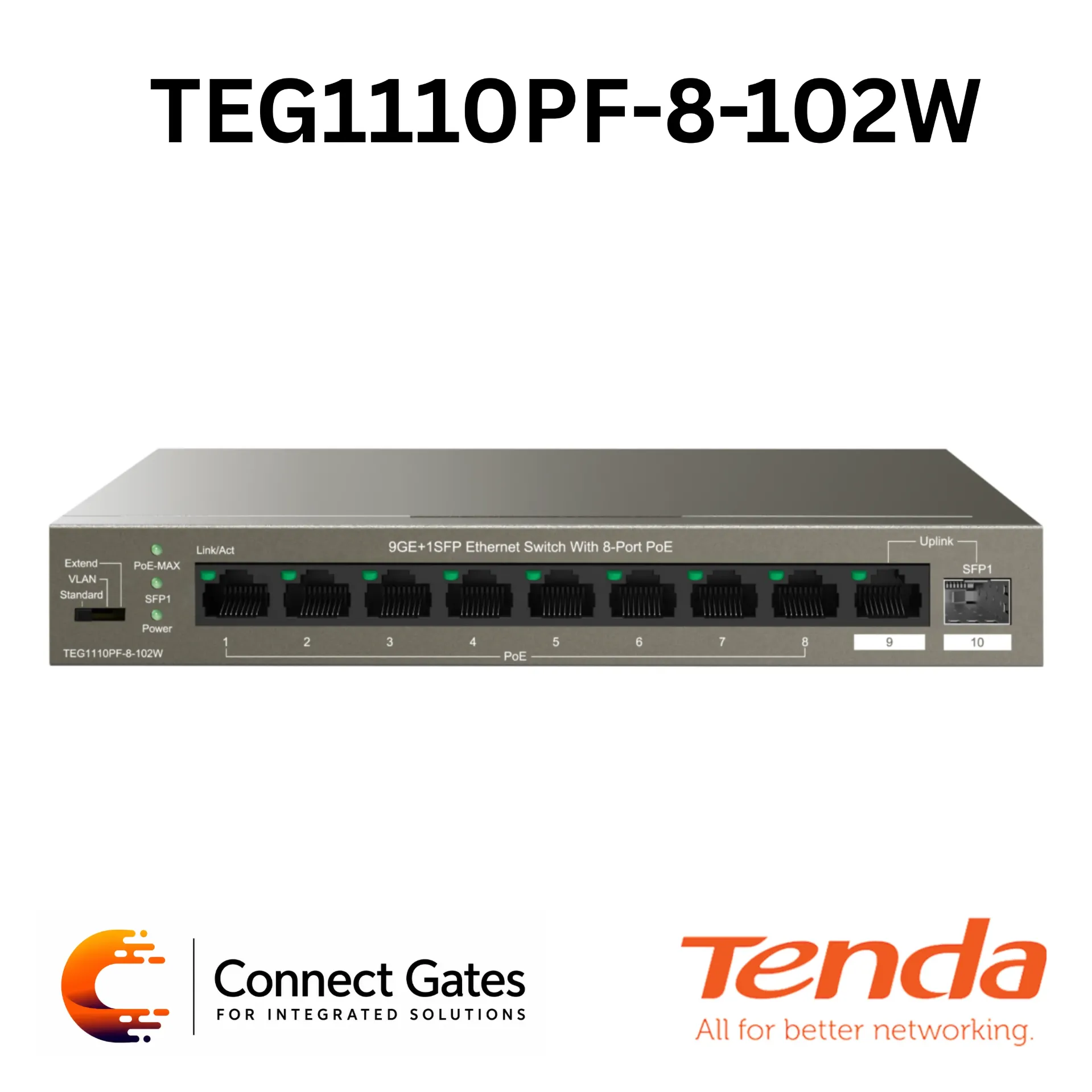 Tenda TEG1110PF-8-102W – 8-Port Gigabit PoE Switch with 1 Gigabit Uplink, 1 SFP Port, 92W PoE Budget & Extend Mode