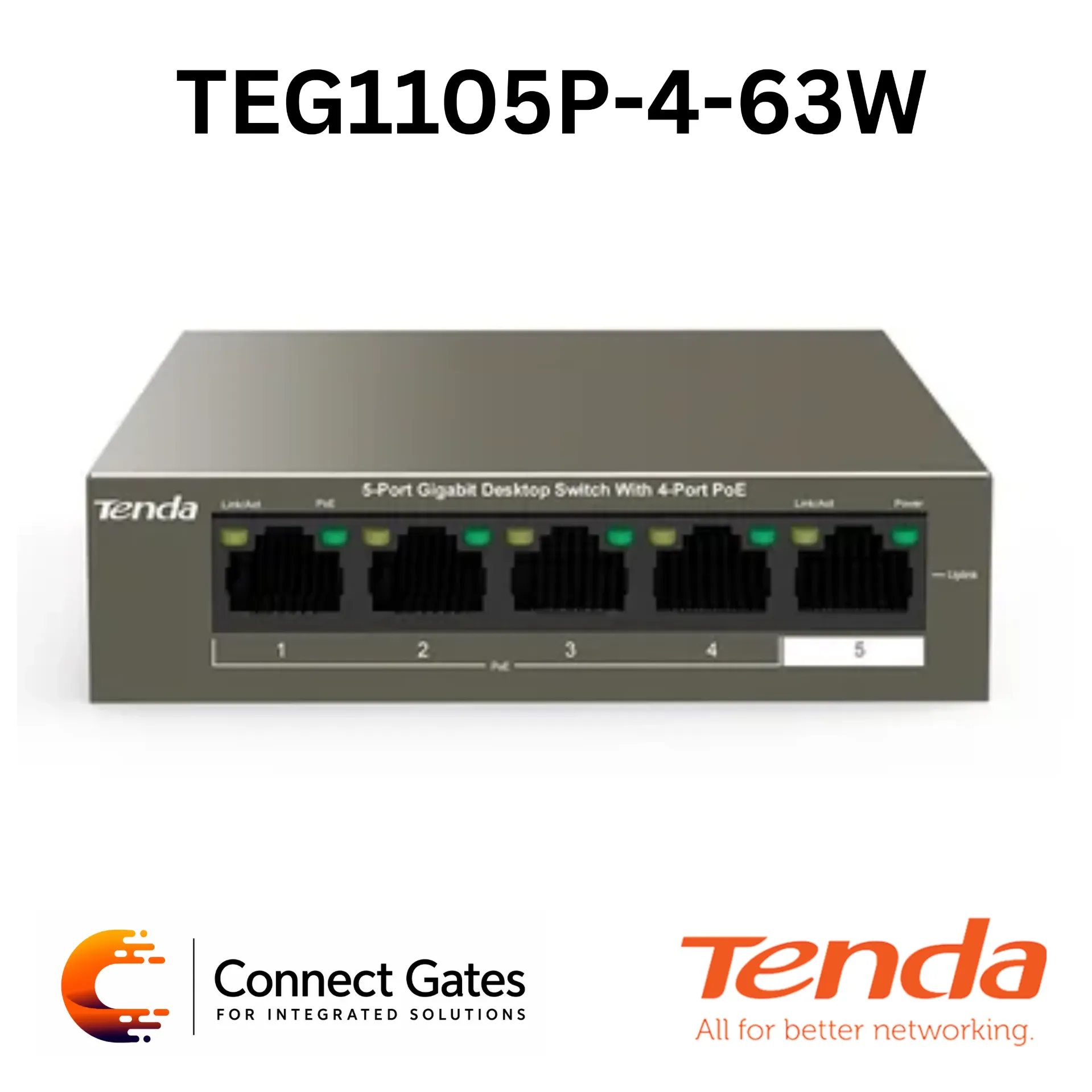 Tenda TEF1105P-4-63W – 5-Port 10/100Mbps Desktop PoE Switch with 4 PoE Ports, 58W PoE Budget & Extend Mode