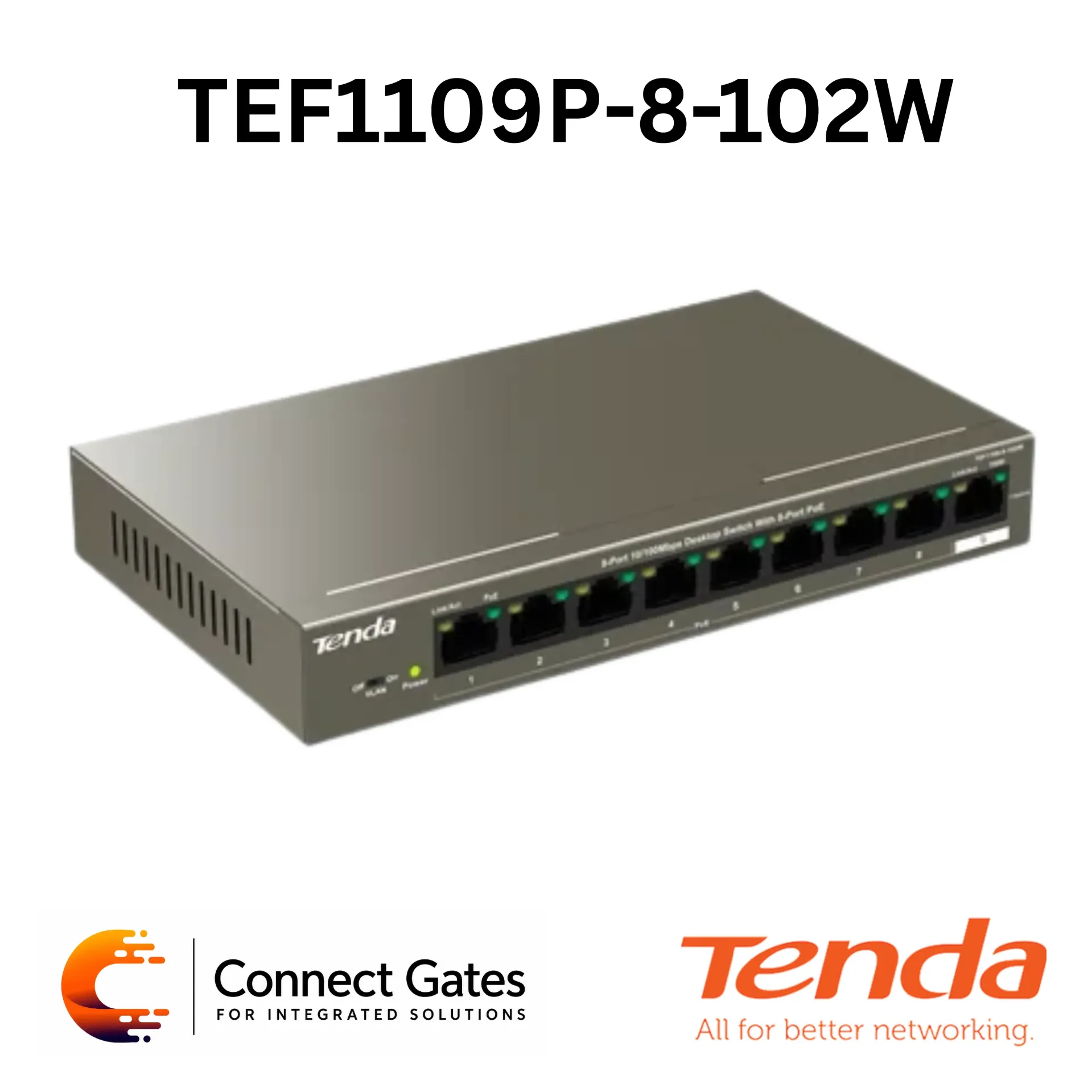 Tenda TEF1109P-8-102W – 9-Port Fast Unmanaged PoE Switch with 8 PoE Ports, 92W PoE Budget & VLAN Mode