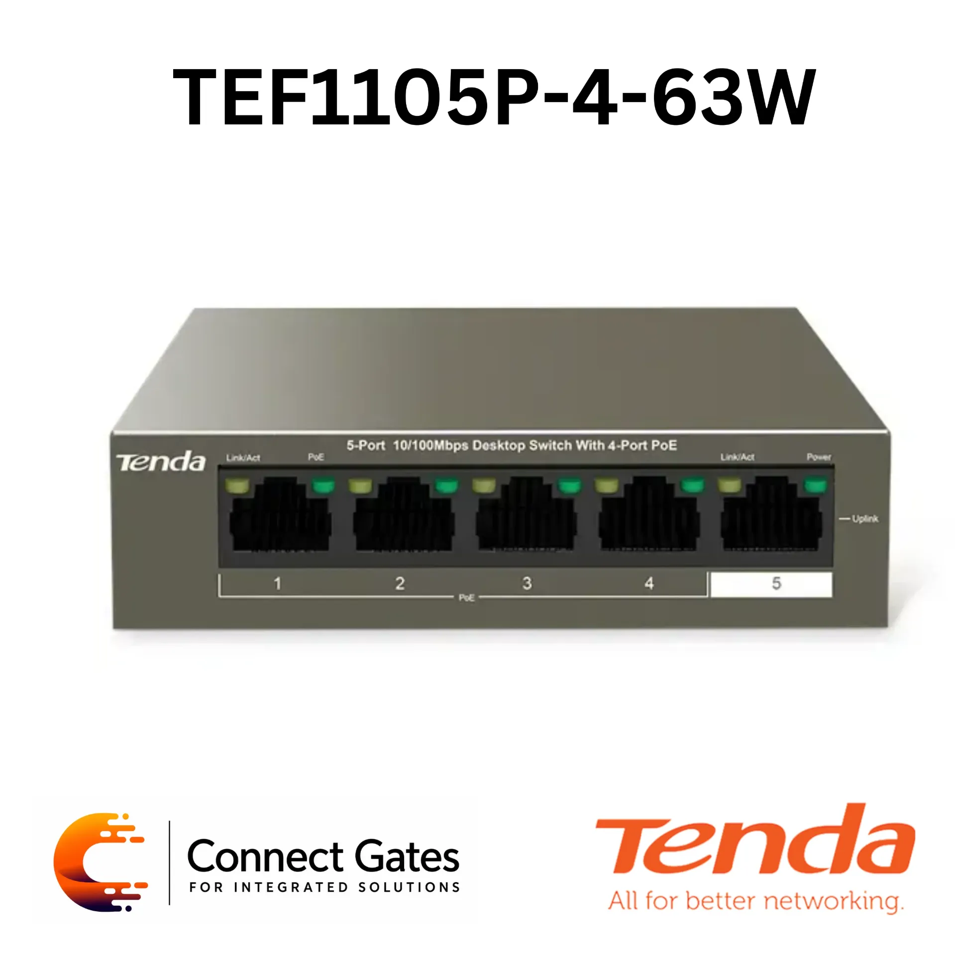 Tenda TEF1105P-4-63W – 5-Port 10/100Mbps Desktop PoE Switch with 4 PoE Ports, 58W PoE Budget & Extend Mode