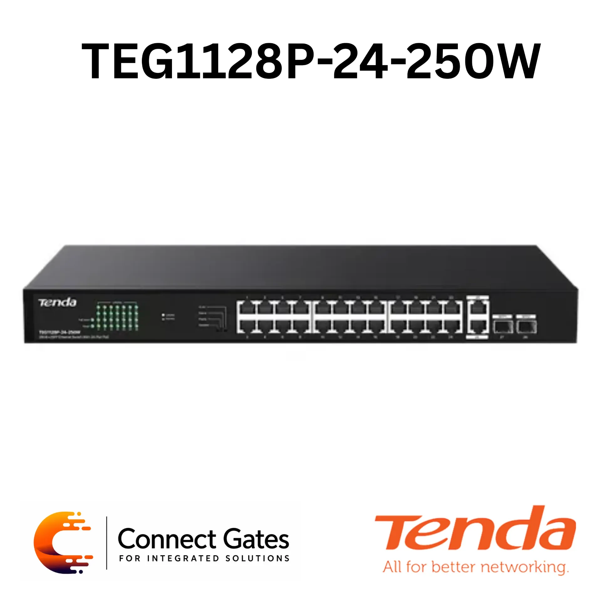 [TEG1128P-24] Tenda TEG1128P-24-250W – 26GE + 2SFP Gigabit Unmanaged PoE Switch with 24 PoE Ports, 230W PoE Budget & 4 Working Modes