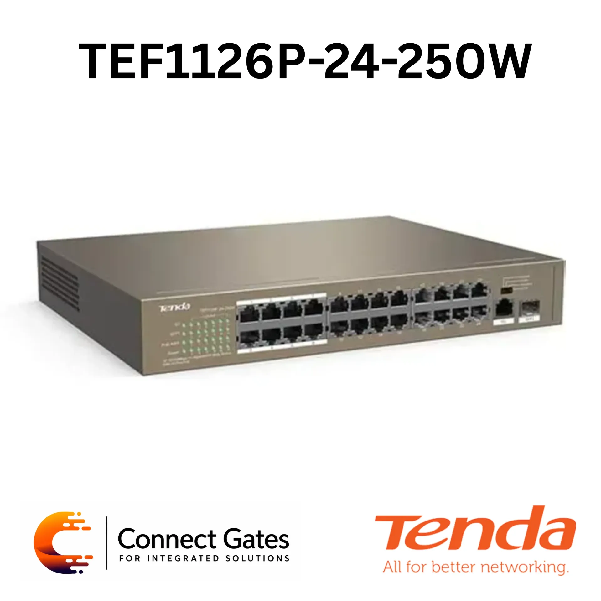 Tenda TEF1126P-24-250W – 24-Port Fast Ethernet PoE Switch with Gigabit RJ45/SFP Uplink, 225W PoE Budget & Extend Mode