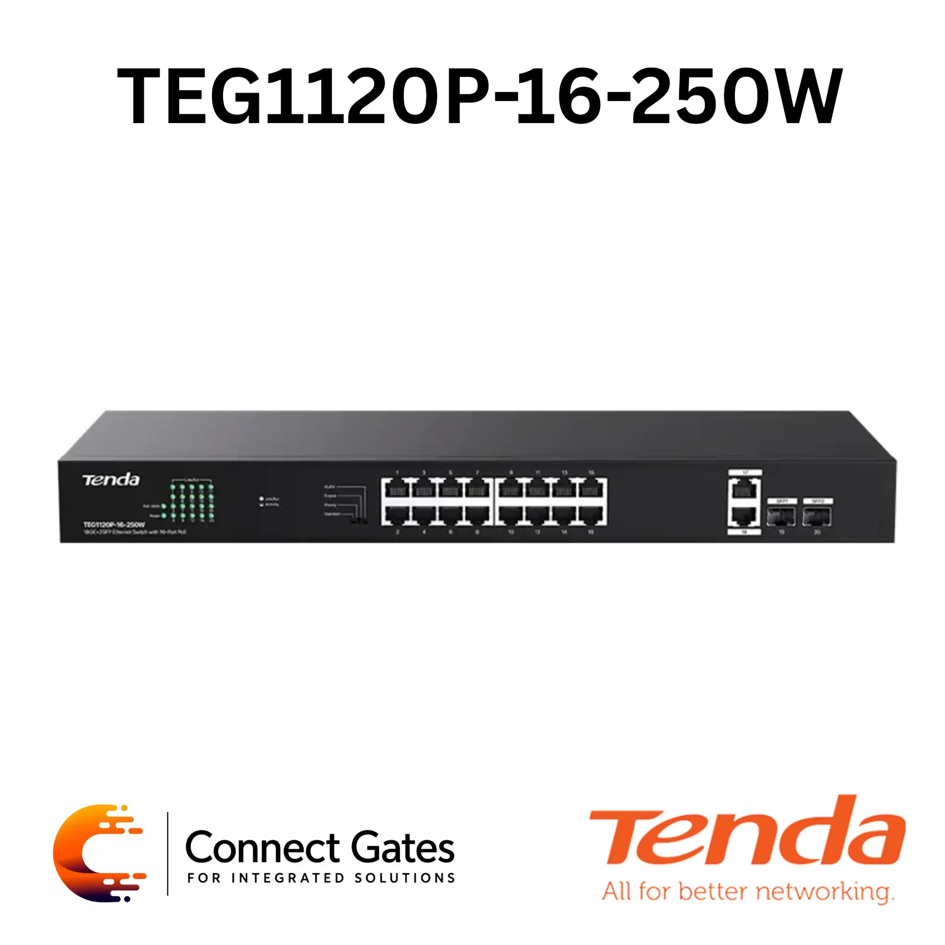 [TEG1120P-16] Tenda TEG1120P-16-250W – 18GE + 2SFP Gigabit Unmanaged PoE Switch with 16 PoE Ports, 230W PoE Budget & 4 Working Modes