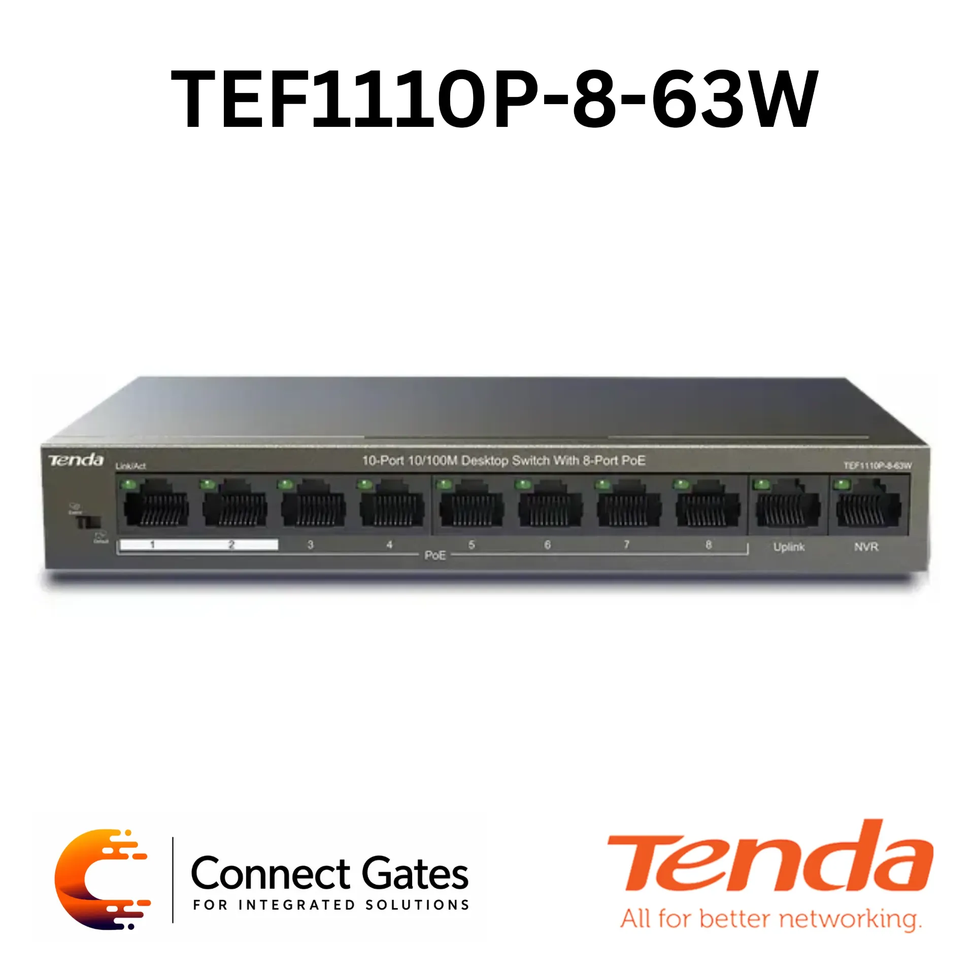 Tenda TEF1110P-8-63W – 10-Port 10/100Mbps Desktop PoE Switch with 8 PoE Ports, 63W Output & Extend Mode