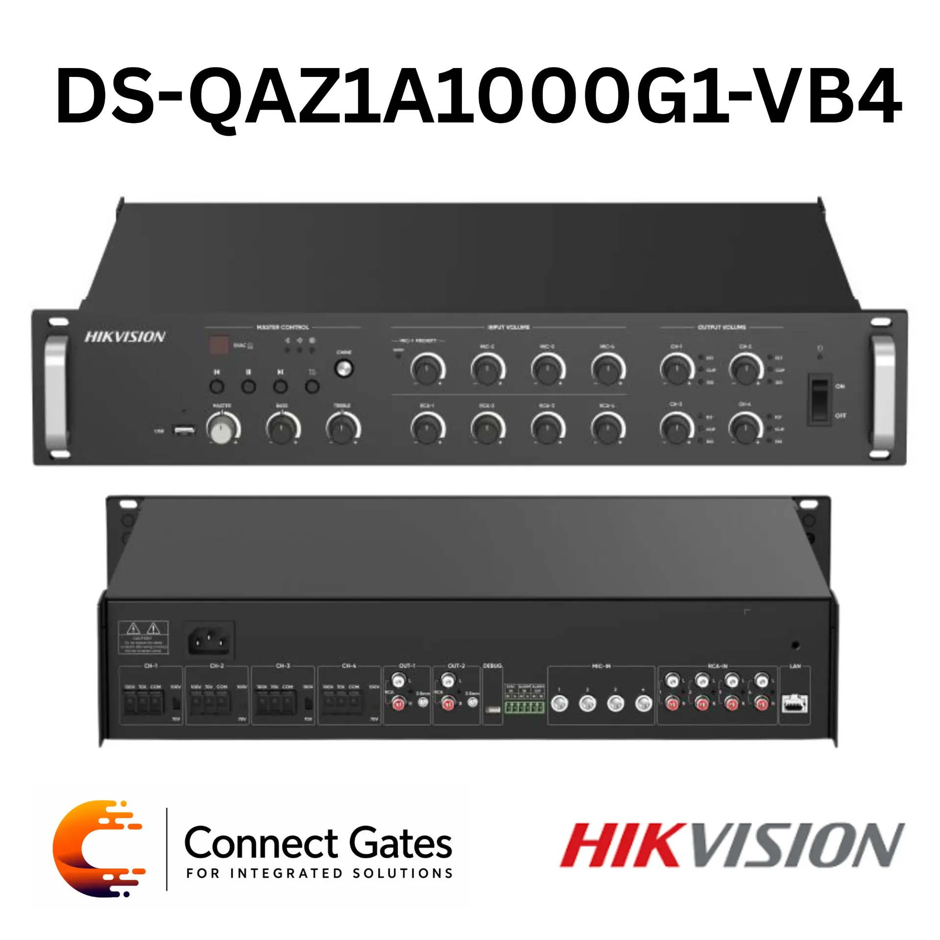 [DS-QAZ1A1000G1-VB4] Hikvision DS-QAZ1A1000G1-VB4 – 1000W 4-Zone Network PA Amplifier with USB, Bluetooth, MIC & RCA Inputs