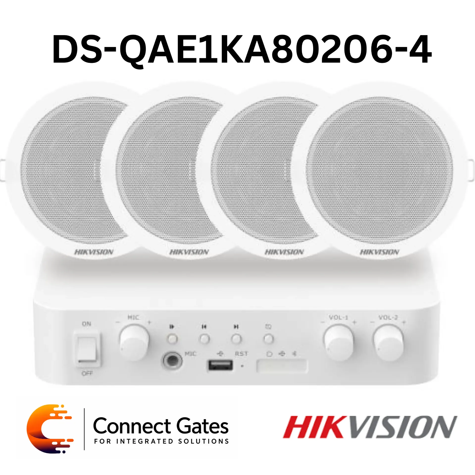 Hikvision DS-QAE1KA80206-4 – Hybrid Audio Kit with 80W 2-Zone Network Amplifier & 4 × 6W Ceiling Speakers