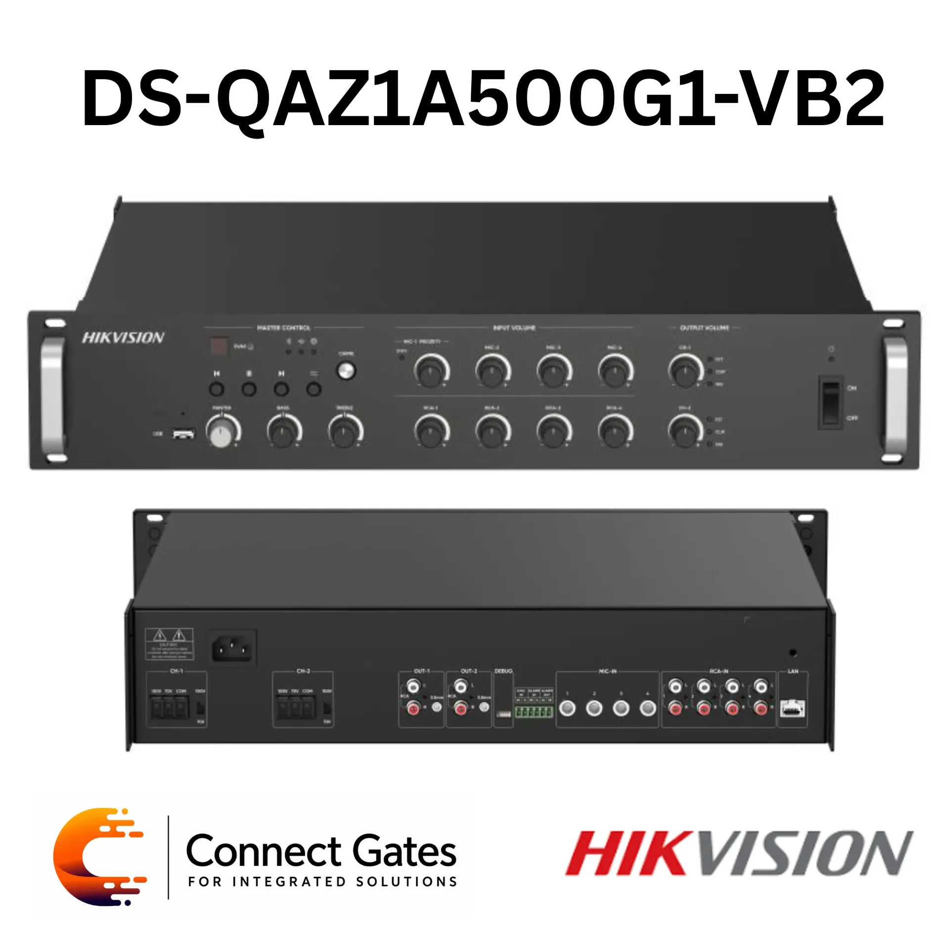 [DS-QAZ1A500G1-VB2] Hikvision DS-QAZ1A500G1-VB2 – 500W 2-Zone Network PA Amplifier with USB, Bluetooth, MIC & RCA Inputs