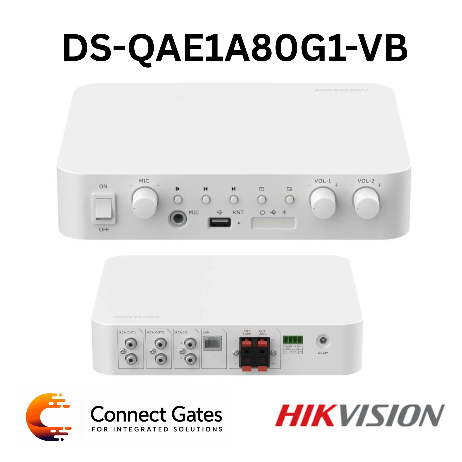 [DS-QAE1A80G1-VB] Hikvision DS-QAE1A80G1-VB – 80W Network Amplifier with Bluetooth, USB, MIC, RCA Inputs, TTS & 2-Channel Partition Control