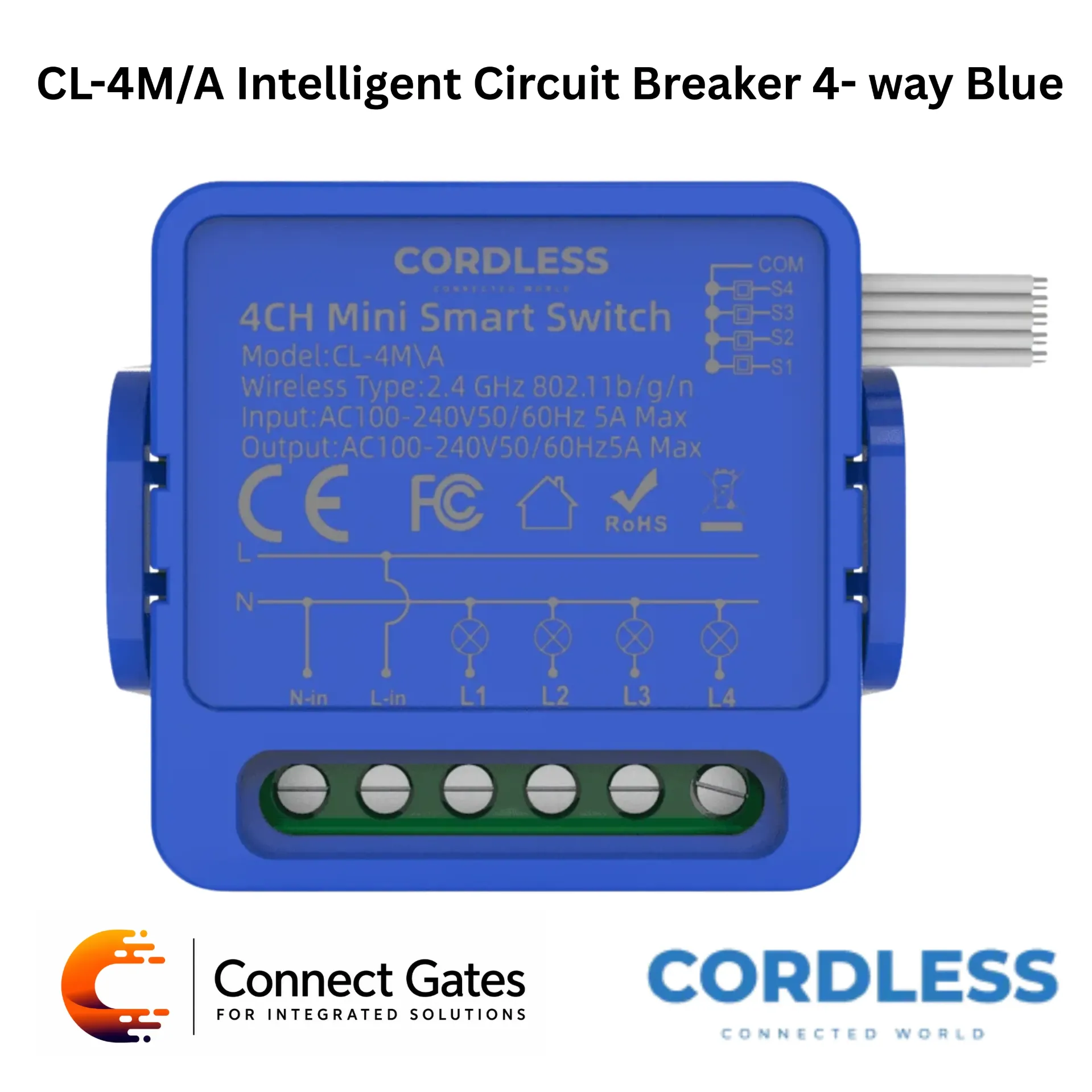 [CL-4M/A] Cordless CL-4M/A Intelligent Circuit Breaker 4-Way Blue – Wi-Fi 2.4GHz, 4 Independent Channels, Tuya App Control, Voice Control, AC 100–240V, 5A Max.
