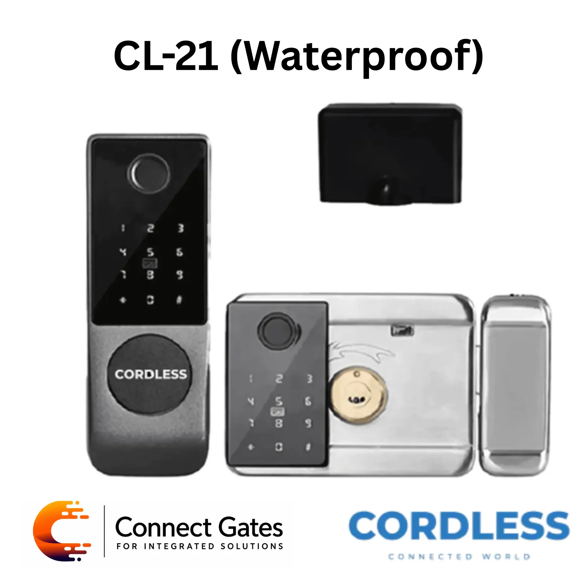 [CL-21 (Waterproof)] Cordless CL-21 Waterproof Smart Gate Lock – Fingerprint, PIN, NFC Card, Tuya App, Remote Control, Emergency Key.