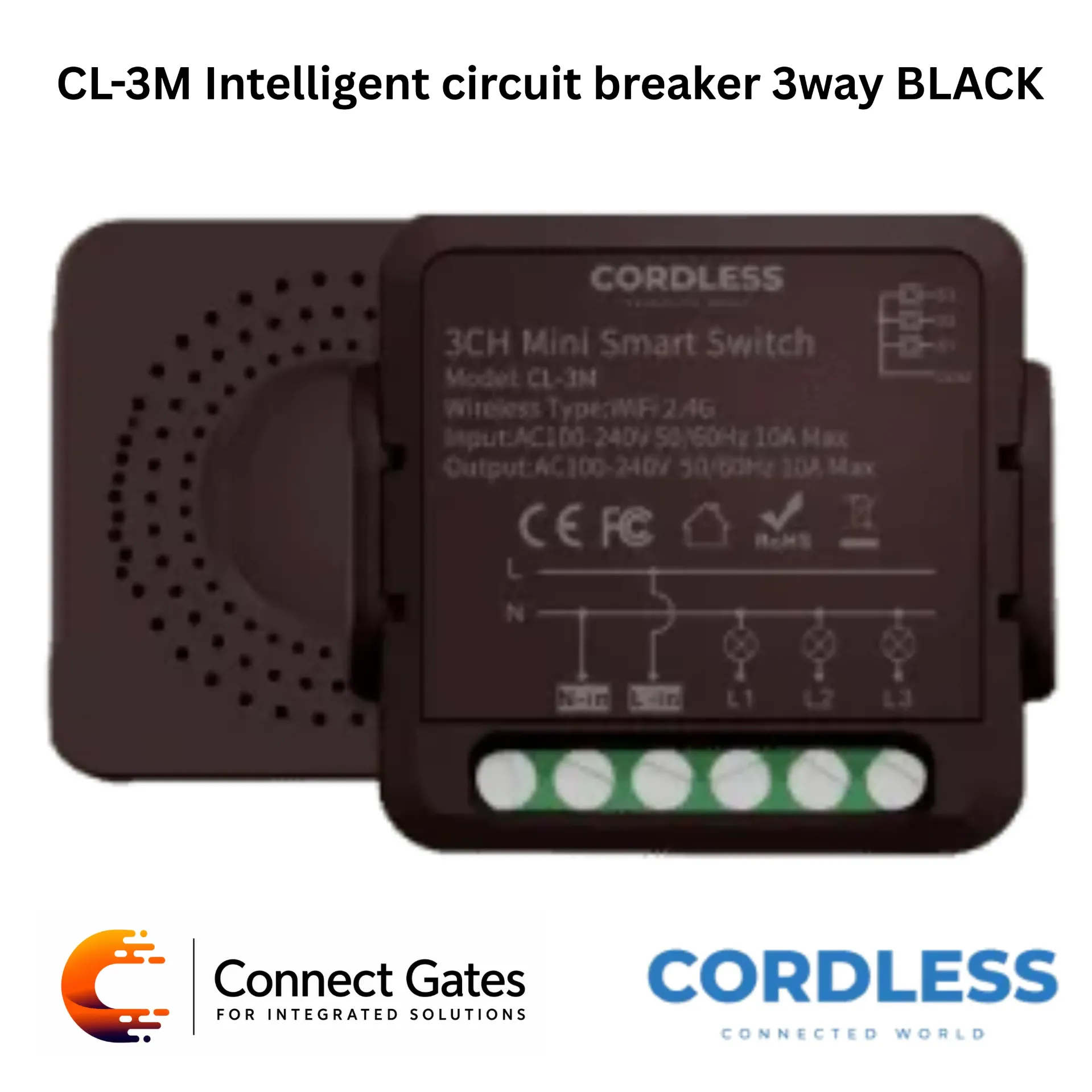 [CL-3M] Cordless CL-3M Intelligent Circuit Breaker 3-Way Black – Wi-Fi Smart Switch Module, 3 Independent Channels, Mobile App Remote Control, Smart Lighting & Appliance Automation.