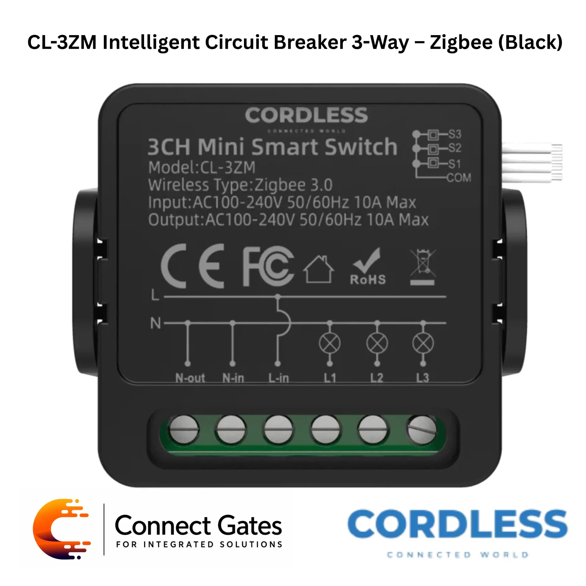 [CL-3ZM] Cordless CL-3ZM Intelligent Circuit Breaker 3-Way Zigbee Black – 3 Independent Channels, Zigbee Smart Control, Tuya Automation, Gateway Required, Smart Lighting & Appliance Control.