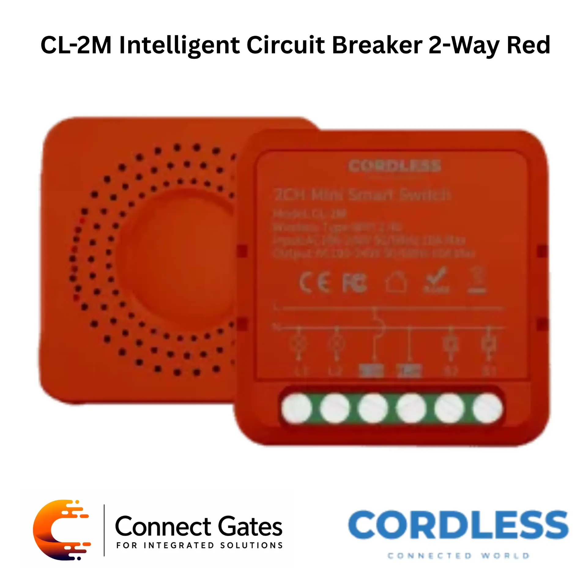 [CL-2M] Cordless CL-2M Intelligent Circuit Breaker 2-Way Red – Wi-Fi Smart Switch Module, 2 Independent Channels, Mobile App Control, Smart Lighting & Appliance Automation.
