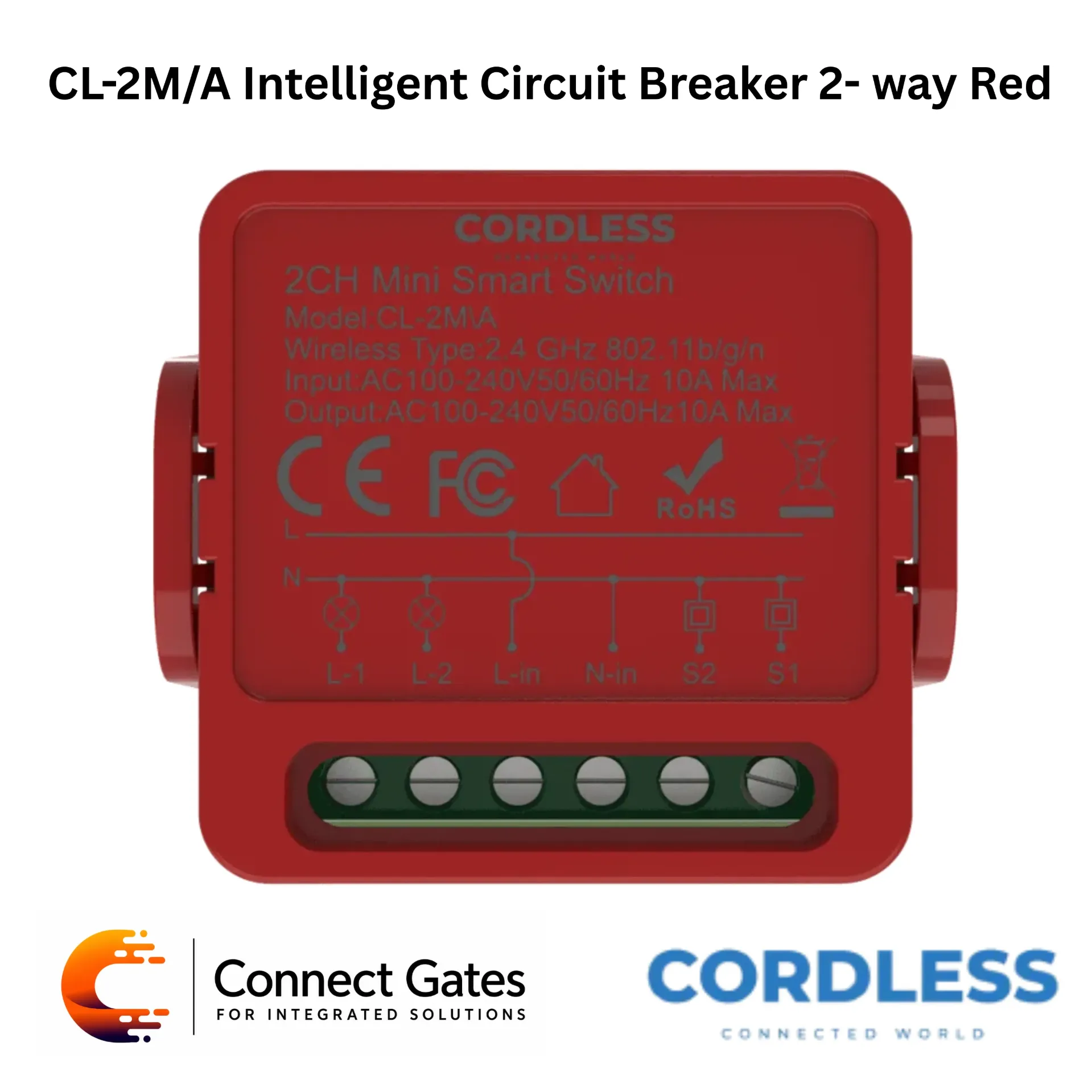 [CL-2M/A] Cordless CL-2M/A Intelligent Circuit Breaker 2-Way Red – Wi-Fi 2-Channel Smart Switch Module, 2 Independent Channels, Mobile App Control, AC 100–240V, 10A, Smart Lighting & Appliance Automation.