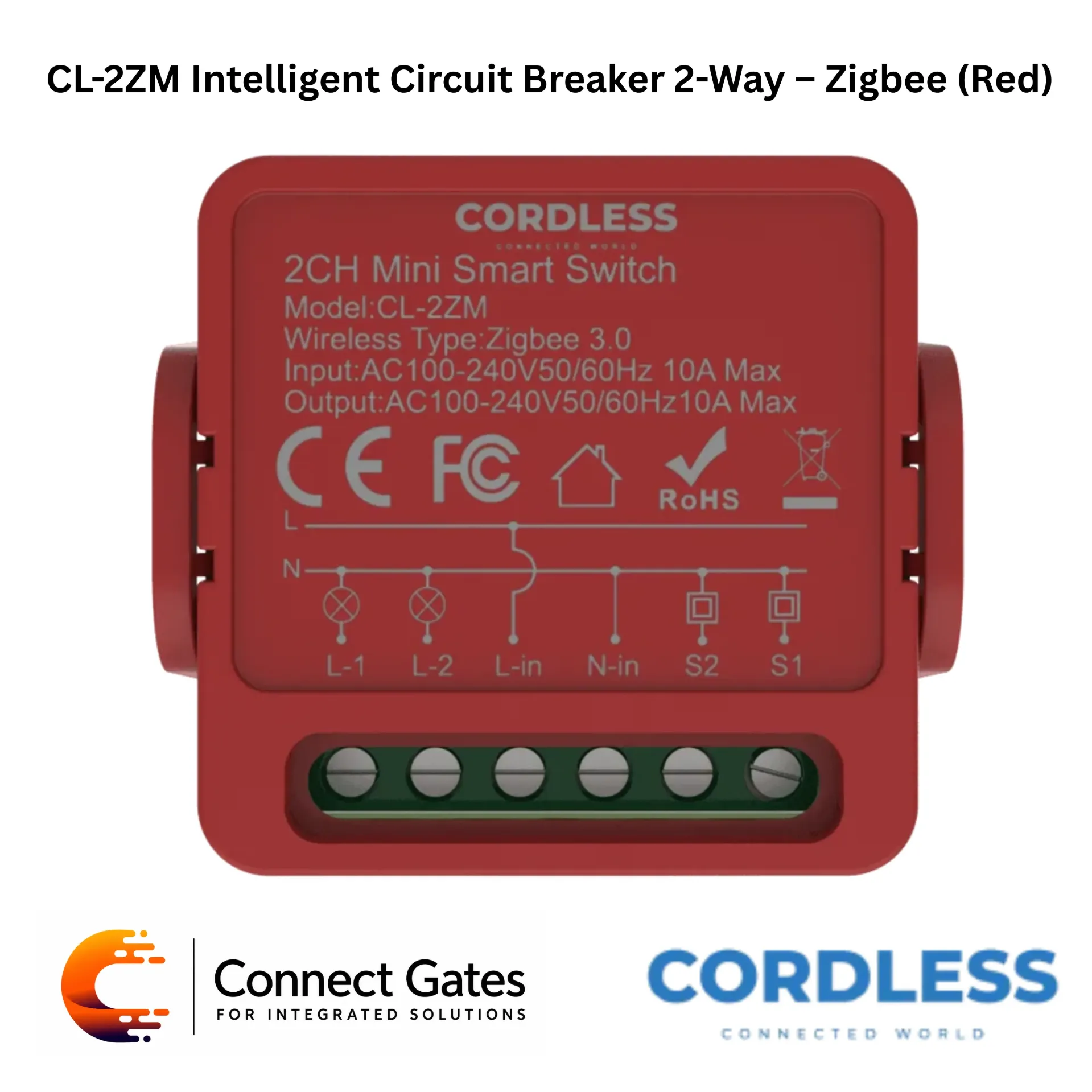 [CL-2ZM] Cordless CL-2ZM Intelligent Circuit Breaker 2-Way Zigbee Red – 2 Independent Channels, Zigbee Smart Control, Tuya Automation, Gateway Required, Smart Lighting & Appliance Control.