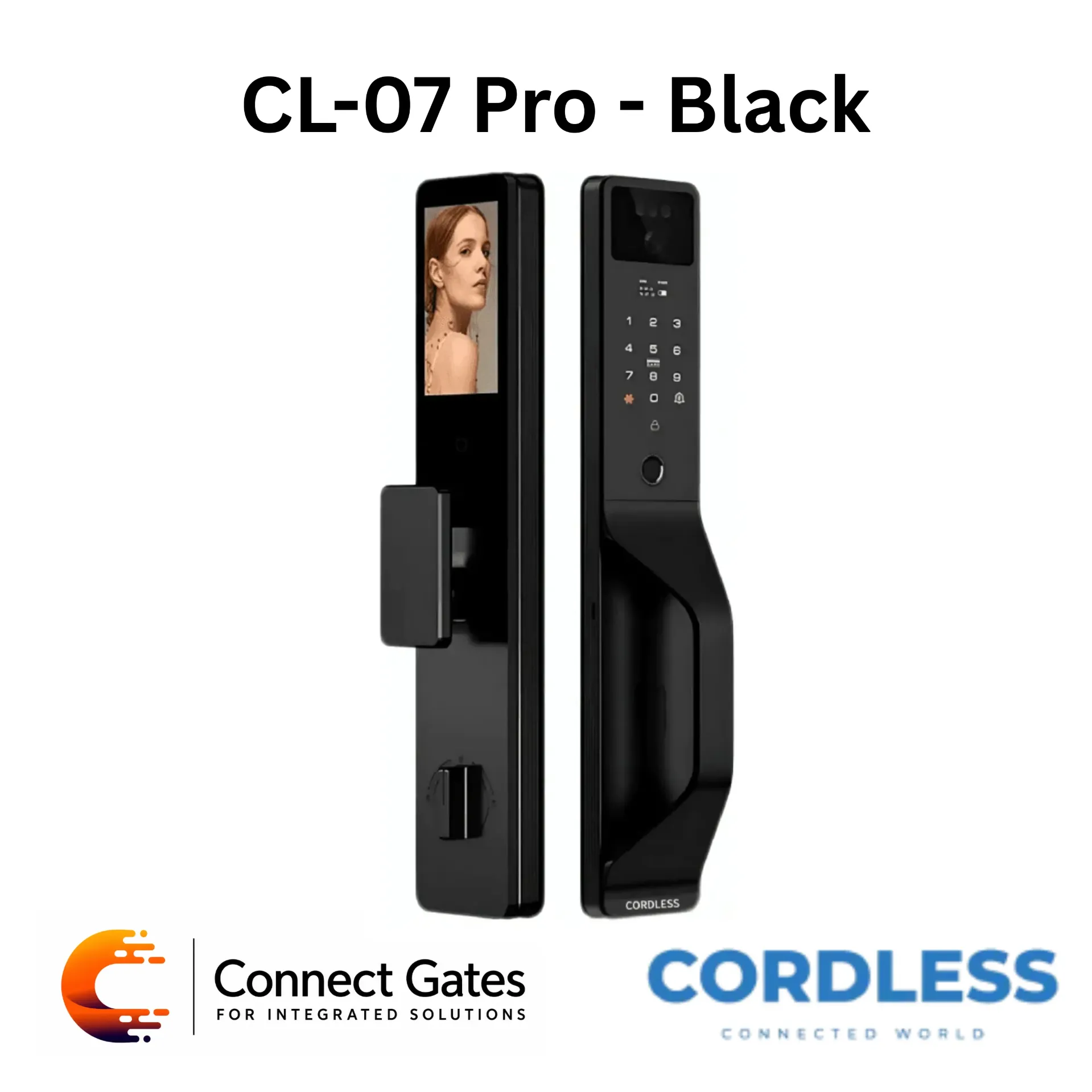 Cordless CL-07 Pro Black Smart Door Lock – 3D Face Recognition, Fingerprint, Intelligent Camera, 2-Way Video Call, Mobile App Control, Touch Panel, Wooden & Armored Door Support.