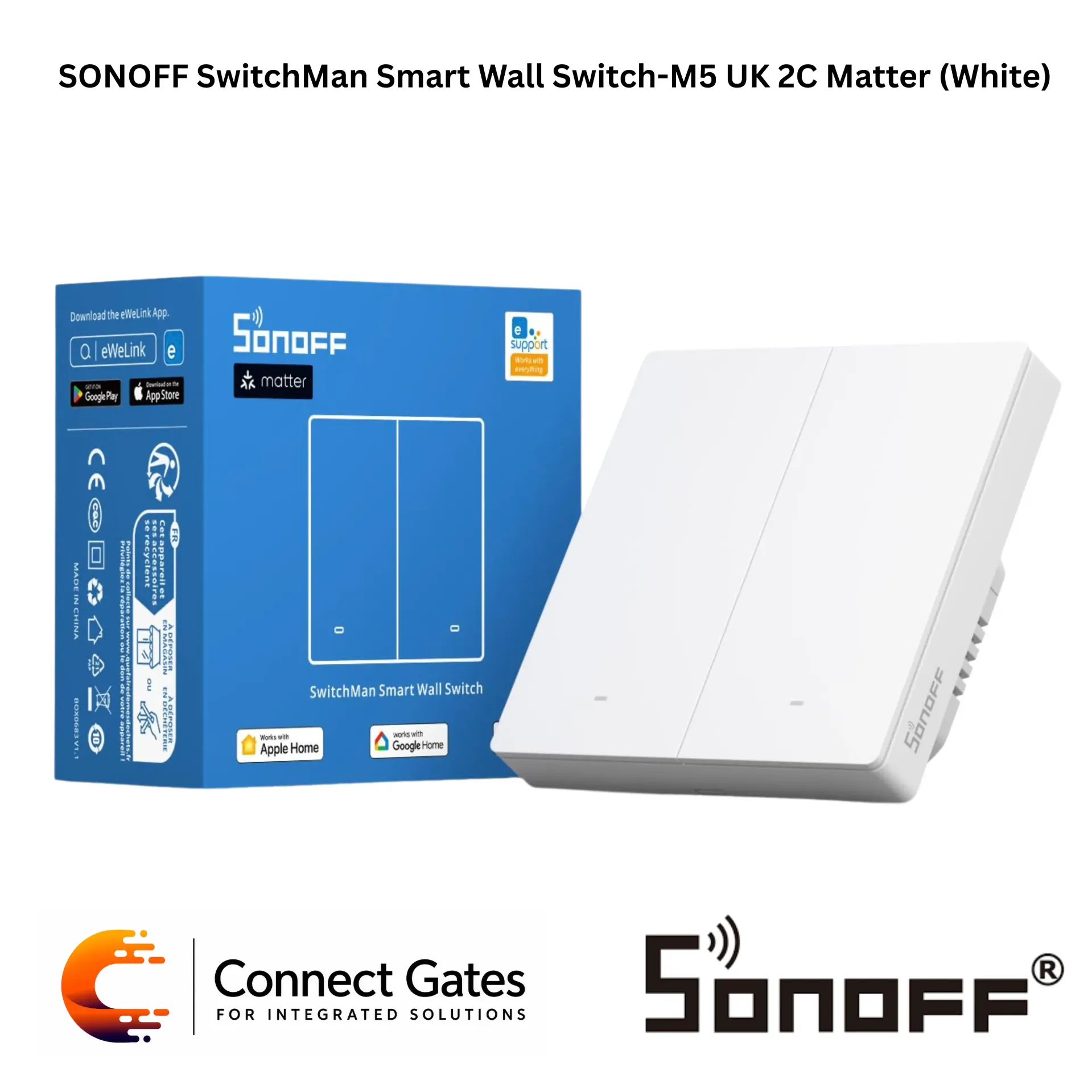 [M5 UK 2C] SONOFF SwitchMan M5 UK 2C Matter White 2-Gang Smart Wall Switch – UK Standard, 2.4GHz Wi-Fi, Matter Support, eWeLink App, Alexa, Google Home & Apple Home Compatible