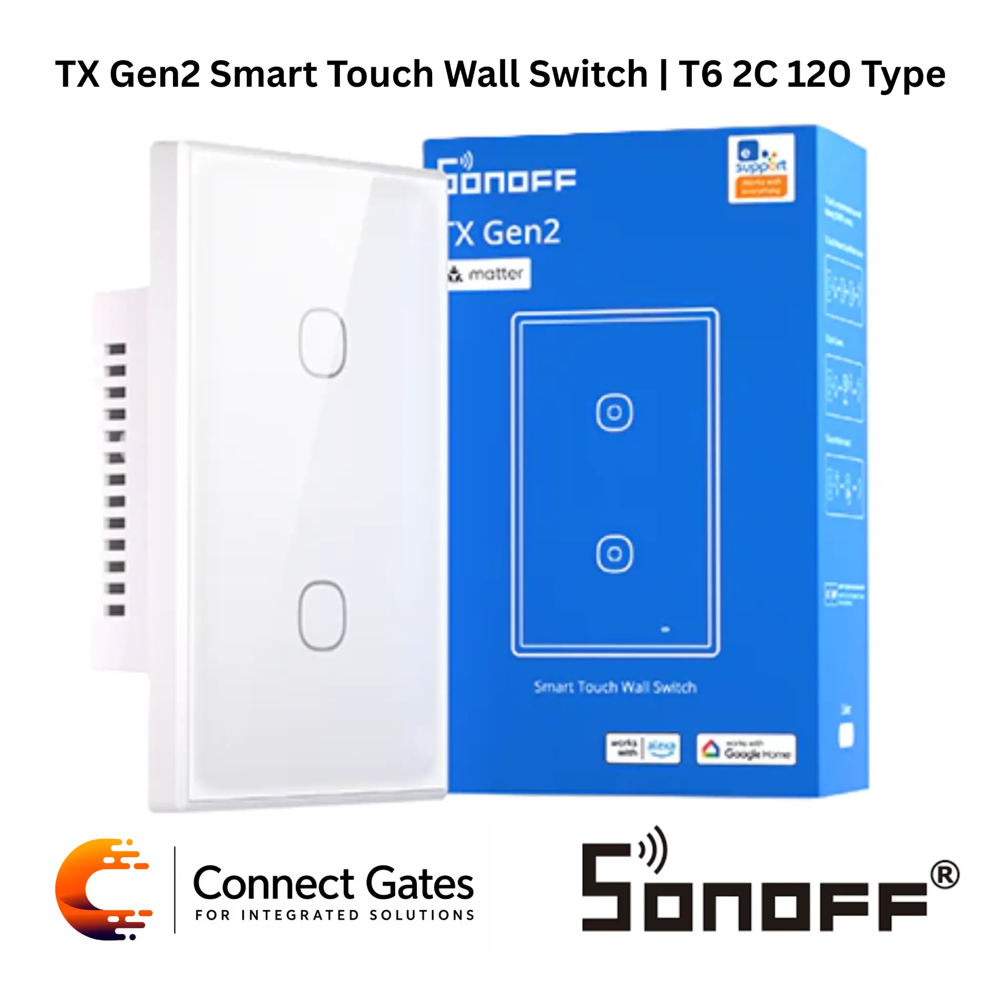 [T6 2C 120] SONOFF TX Gen2 T6 2C 120 Type Smart Touch Wall Switch – 2-Gang Wi-Fi Matter Switch, eWeLink App, Apple Home, Google Home & Alexa Compatible