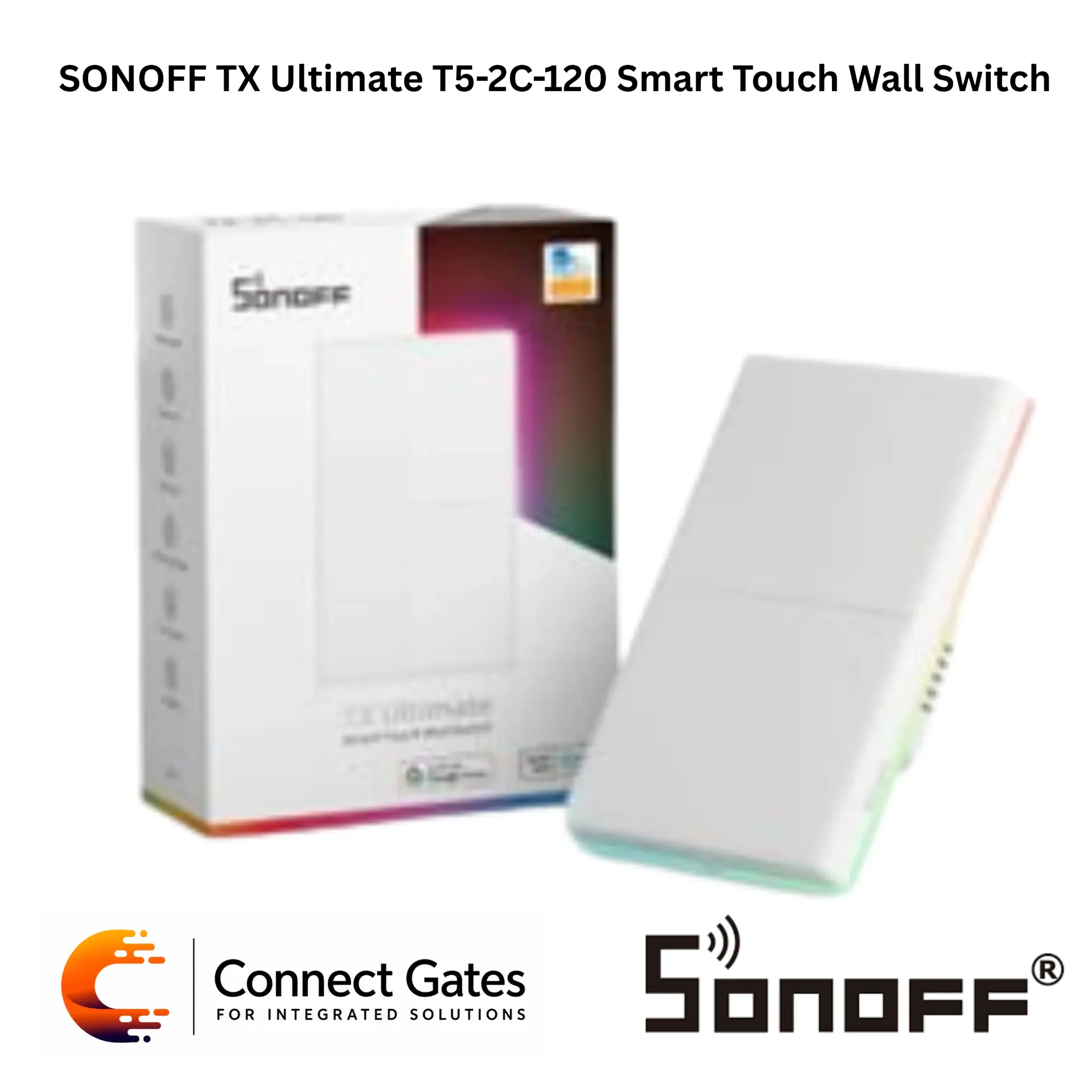 [T5-2C-120] SONOFF TX Ultimate T5-2C-120 Smart Touch Wall Switch – 2-Gang Wi-Fi Touch Switch, RGB Ambient Light, eWeLink App, Alexa & Google Assistant Compatible