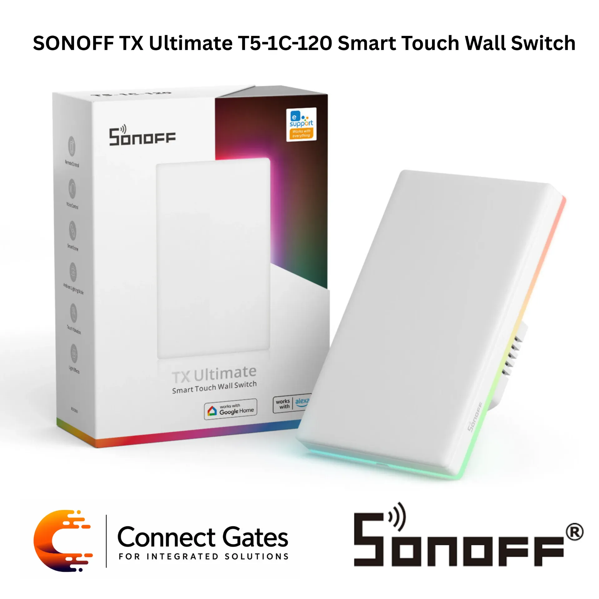 [T5-1C-120] SONOFF TX Ultimate T5-1C-120 Smart Touch Wall Switch – 1-Gang Wi-Fi Touch Switch, RGB Ambient Light, eWeLink App, Alexa & Google Assistant Compatible