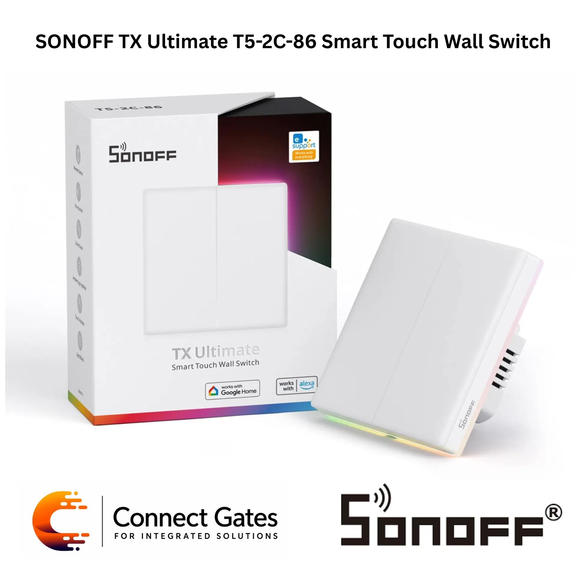 [T5-2C-86] SONOFF TX Ultimate T5-2C-86 Smart Touch Wall Switch – 2-Gang Wi-Fi Touch Switch, RGB Ambient Light, eWeLink App, Alexa & Google Assistant Compatible