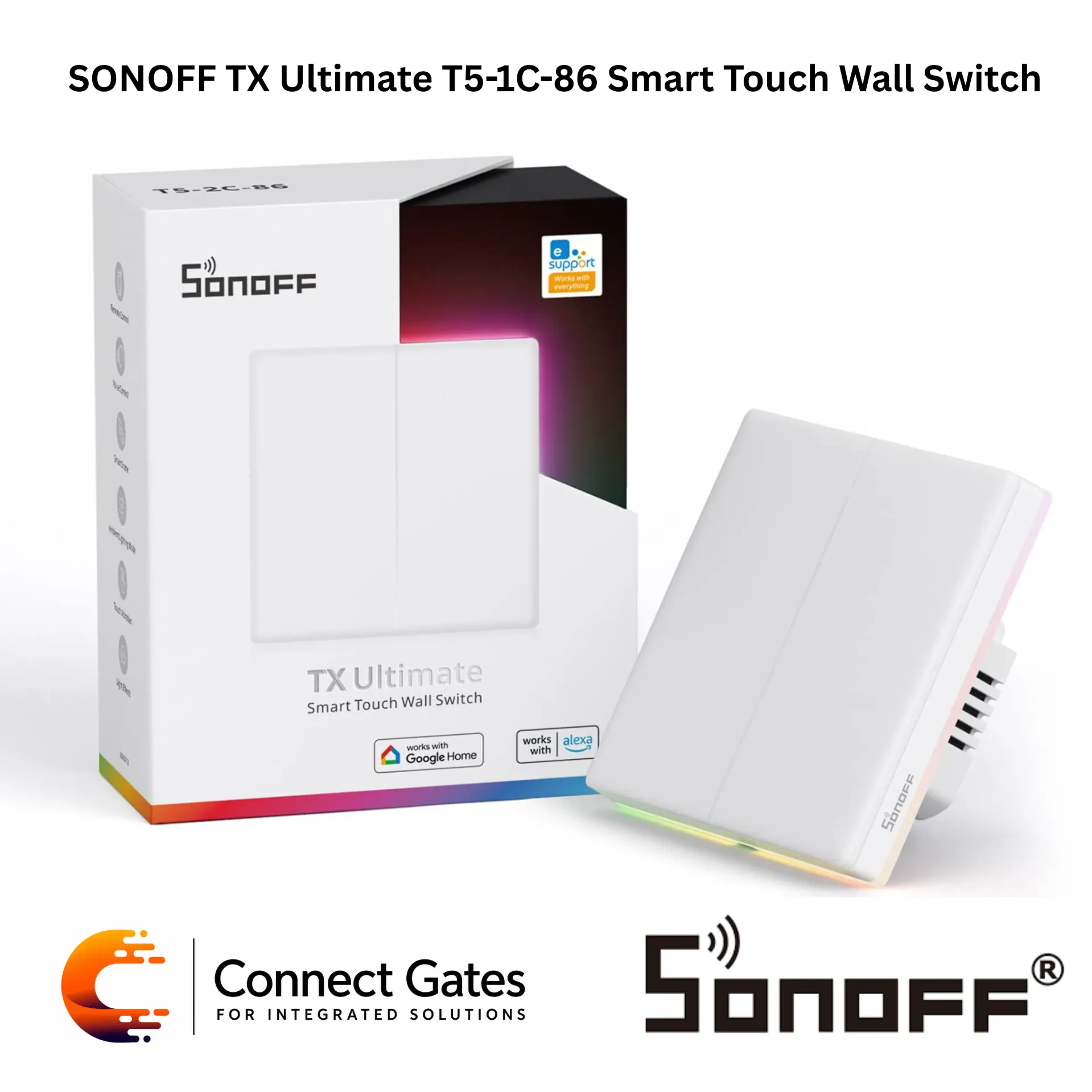 [T5-1C-86] SONOFF TX Ultimate T5-1C-86 Smart Touch Wall Switch – 1-Gang Wi-Fi Touch Switch, RGB Ambient Light, eWeLink App, Alexa & Google Assistant Compatible