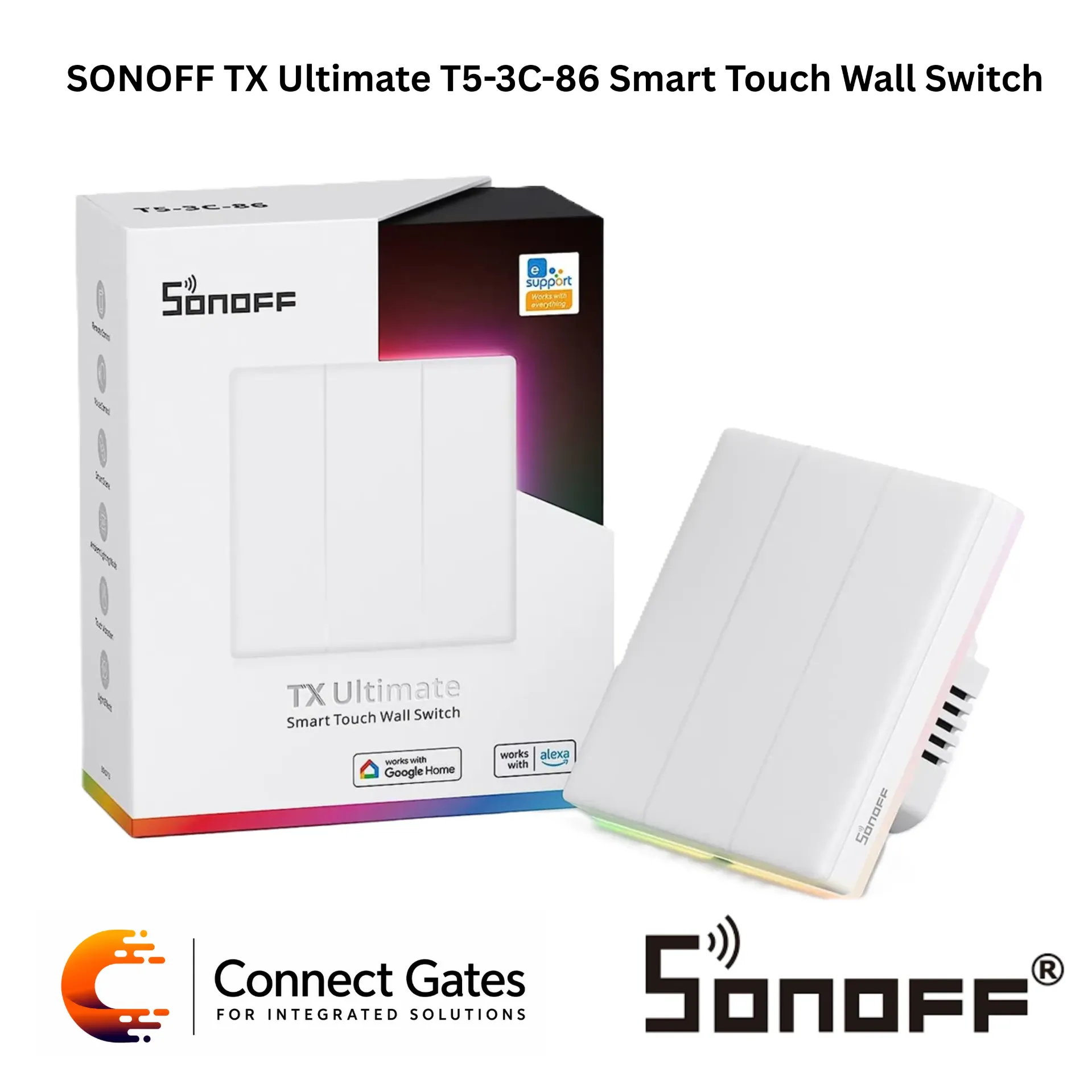 [T5-3C-86] SONOFF TX Ultimate T5-3C-86 Smart Touch Wall Switch – 3-Gang Wi-Fi Touch Switch, RGB Ambient Light, eWeLink App, Alexa & Google Assistant Compatible