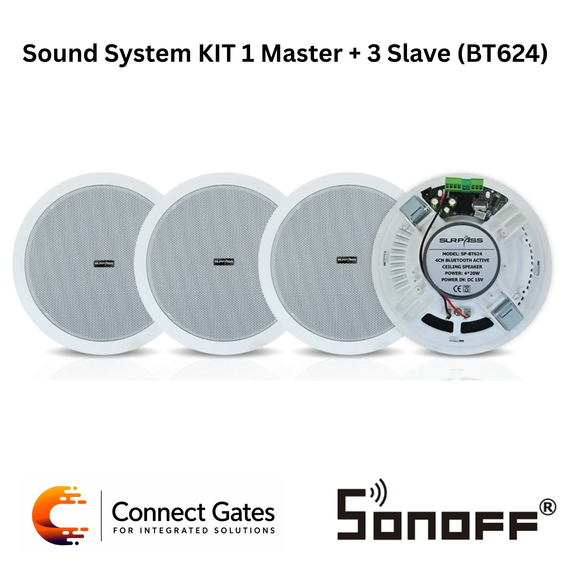 [BT624] BT624 Sound System KIT 1 Master + 3 Slave – 4pcs Bluetooth Ceiling Speaker Set, 6.5” 20W Speakers, Digital Class-D Amplifier, Wireless Audio System