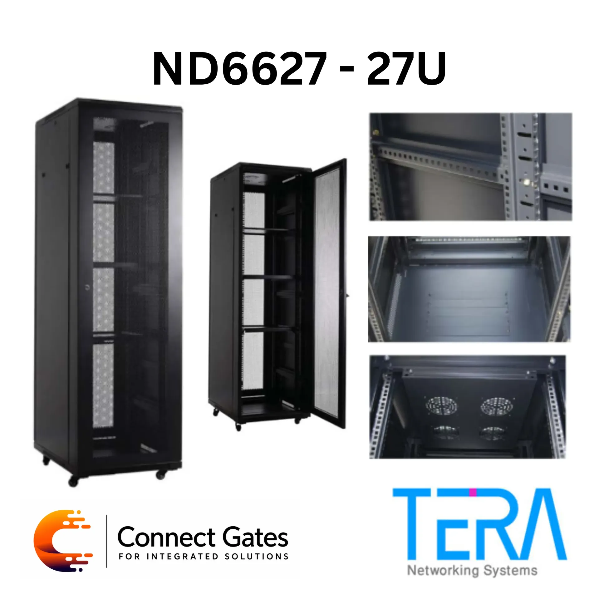 [nd6627] TERA ND6627 27U Floor Standing Network Rack Cabinet – 600×600mm, 2 Fans, Shelf & 6-Outlet Power Strip.